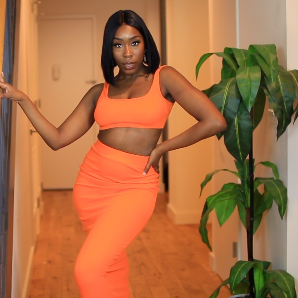 Two Piece Orange Ribbed Skirt Set